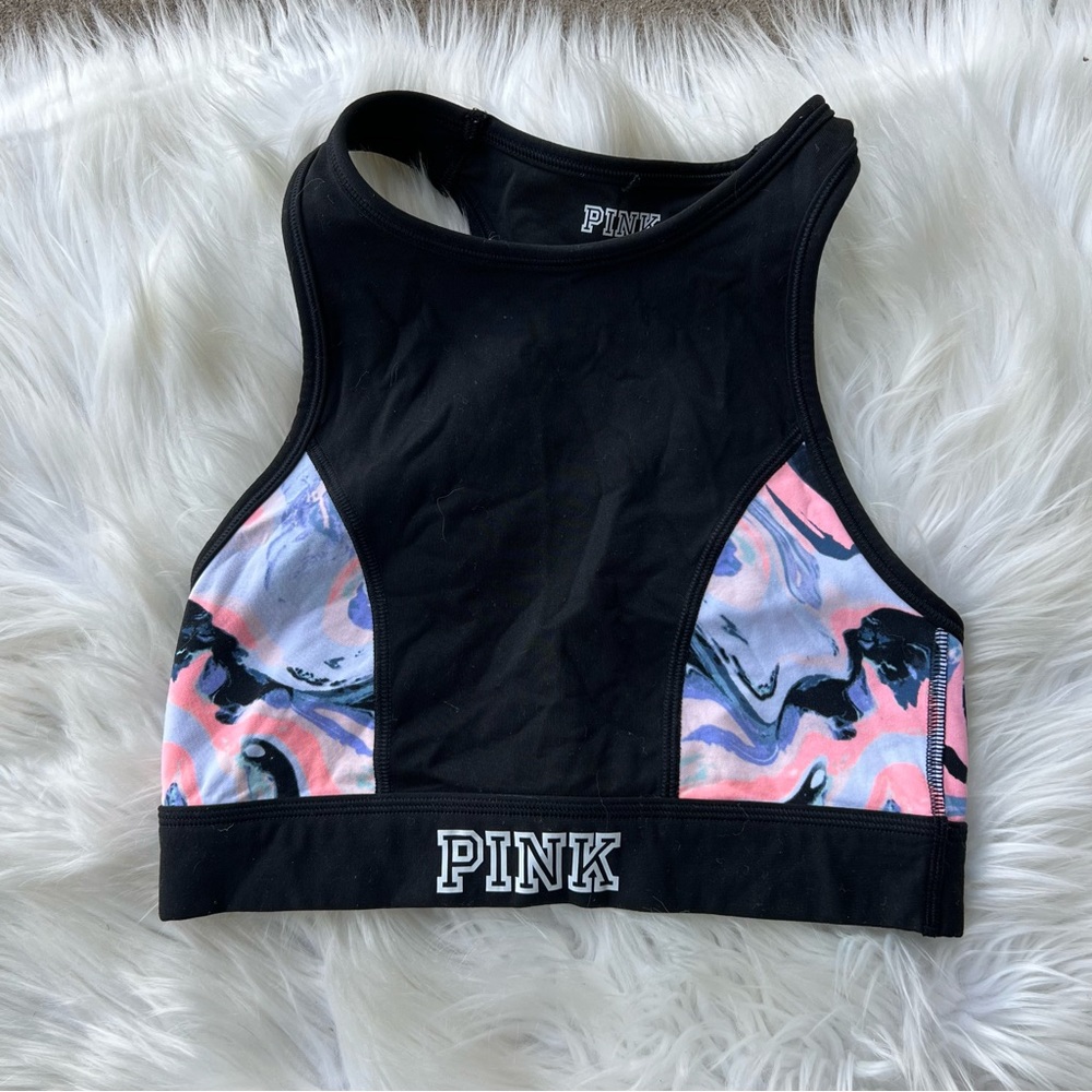 Victoria’s Secret PINK Black and Multicolored Tie Dye High Neck Sports Bra